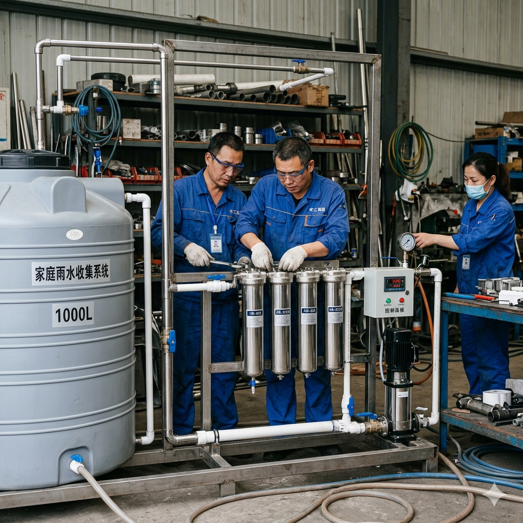 Skilled factory technicians carefully assembling stainless steel rainwater filtration equipment at Wanson Filter Tech manufacturing facility.