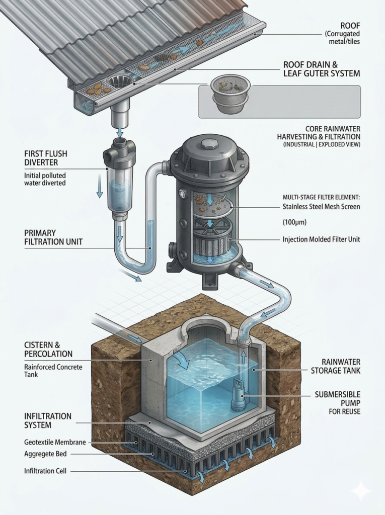 OEM Rainwater Harvesting Components: Stainless Steel Filter Buckets, Injection Molded Mesh Screens, First Flush Diverters, and Underground Infiltration Devices