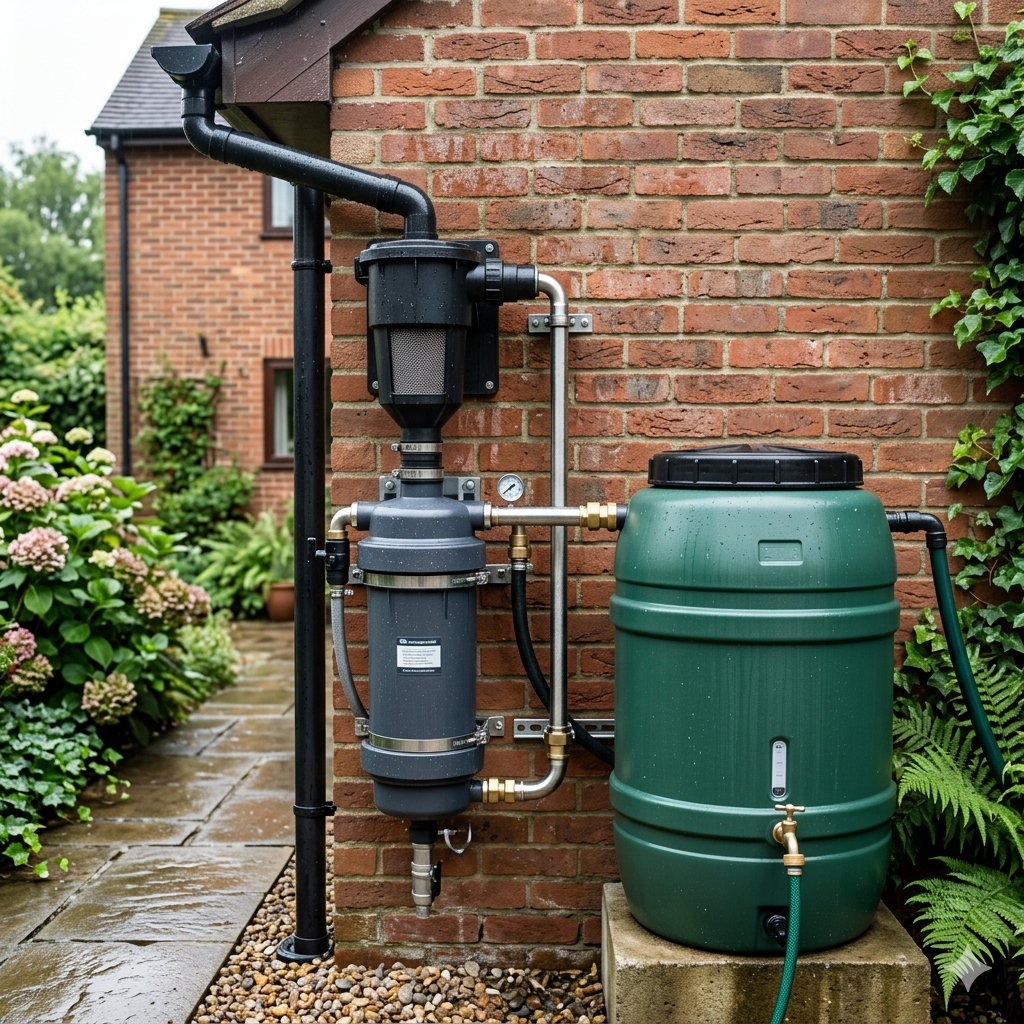 Complete residential rainwater harvesting system integrated with a modern eco-friendly villa backyard garden for sustainable water reuse