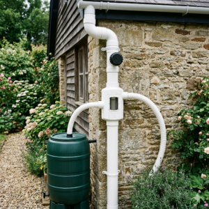 100mm round white PVC rain diverter installed on a stone wall downspout connected to a green rain barrel.