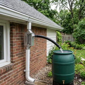 An aluminum K-style downspout diverter installed on a white gutter downspout against a red brick house wall. Filtered rainwater flows through a black corrugated hose into a green rain barrel in a backyard garden.