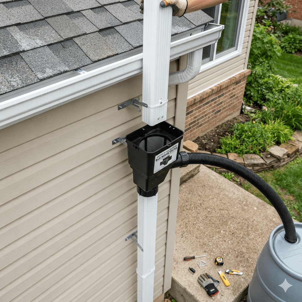A high-angle overhead view of a rainwater harvesting system installation. A modern dark gray automatic rain diverter with a built-in filter mesh and transparent viewing window is being installed onto a square downspout on a European-style house wall. A worker wearing protective leather gloves is using a screwdriver and a hacksaw for the installation. A gray corrugated hose connects the side of the diverter to lead filtered water into a large green rain barrel below. Automatic Rain Diverter