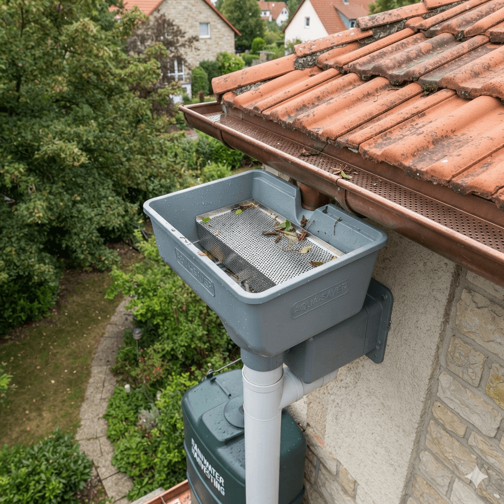 A high-angle product application shot of a gray plastic B2B rain heads Downpipe mounted under a tiled roof gutter. The view shows an integrated metal filter screen collecting debris, with a downpipe leading to a green rainwater storage tank on a suburban European house.