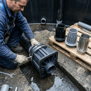 A close-up shot of a worker installing a calmed inlet for Rainwater Tank at the bottom of a black water tank. The worker is using a tool to secure a large black plastic calmed inlet to the pipe. Next to him, three other commonly used calmed inlets of different materials and colors are displayed on a wooden pallet. The image contains no text.
