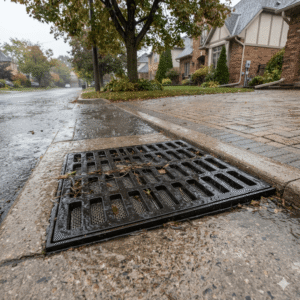 A metal catch basin grate with a filter screen installed on a suburban street curb during rainfall, demonstrating stormwater management. Catch Basin Grate with Screen