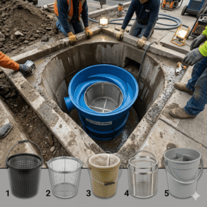 Close-up top-down view of an underground vortex rainwater filter installation, compliant with US/EU stormwater management standards. The central unit features a durable plastic housing with an internal stainless steel mesh screen. Displayed alongside are various types of catch basin silt buckets and basket inserts in plastic, stainless steel mesh, and geotextile materials, all equipped with lifting handles for easy maintenance.