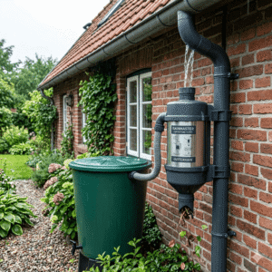 A realistic application photo of a centrifugal downspout rain filter system. The heavy-duty stainless steel and plastic filter is mounted onto a dark grey gutter downspout against a classic red brick cottage wall. Rainwater is seen flowing through the filtration unit, diverting clean water via a flexible hose into a large green rain butt, while leaves and debris self-clean out of the bottom outlet.