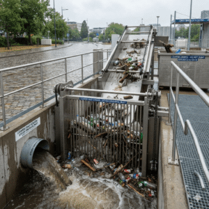 A mechanical coarse bar screens system for stormwater filtration and collection in an European or American urban setting. In the center, a stainless steel bar screen traps large floating debris like tree branches, plastic bottles, and aluminum cans from incoming rushing water. An inclined motorized conveyor belt lifts the accumulated waste upward into a designated collection bin. On the left, a large concrete pipe discharges turbid stormwater into the basin. The facility features metal safety railings and a steel grating walkway, set against a cloudy city street backdrop.
