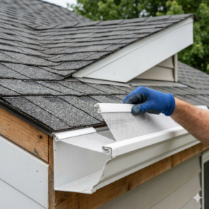 An e-commerce product infographic for a DIY snap-in gutter guard kit, featuring installation steps and product features in a 1:1 square image.