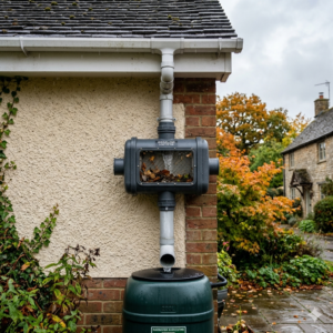 A downspout leaf and debris filter installed on the exterior wall of a residential house for rainwater harvesting. The grey PVC filter diverter features a clear viewing window showing a stainless steel mesh screen intercepting fallen leaves, while filtered clean water flows down into a green 200L rain barrel.