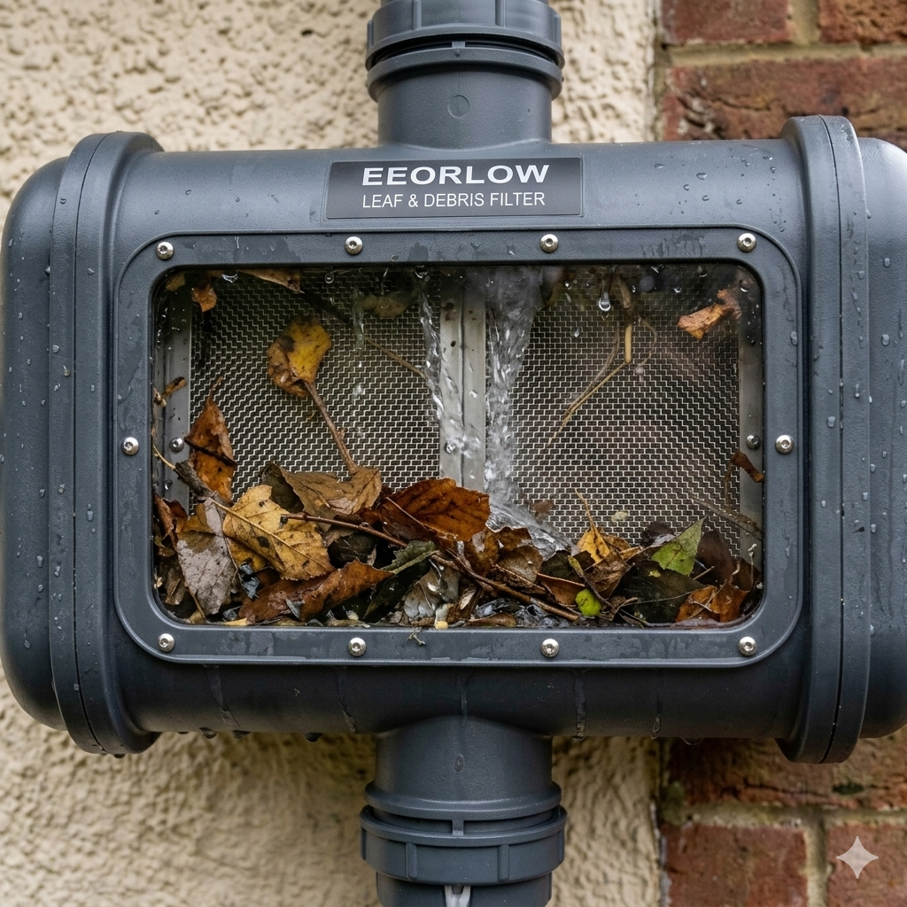 A close-up macro shot of the internal filtration system of a downspout rain water filter. The durable grey housing features a rectangular transparent window secured with screws, showcasing dual fine stainless steel mesh screens blocking accumulated autumn leaves and debris as clear water filters through.