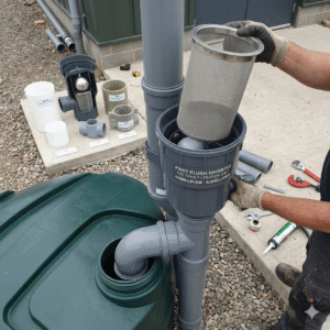 A worker installing a first flush diverter next to a water storage tank, demonstrating the internal 500-micron stainless steel mesh filter, with alternative material samples and installation tools in the background. First Flush Diverter