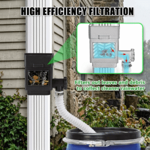 square product promotional image. The left side shows a black rainwater filter divider installed on a white downspout against a rustic American house wall, with a white corrugated hose directing water into a blue barrel. The top right features a green-bordered inset diagram showing the internal filtration process with red arrows indicating water flow. The bottom right includes the text "Filters out leaves and debris to collect cleaner rainwater" in green and white, under a bold headline at the top reading "HIGH EFFICIENCY FILTRATION". The entire scene is set in a rainy outdoor garden background.