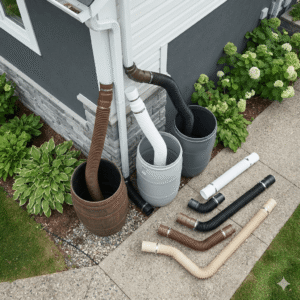 High-angle view of a residential rainwater harvesting system featuring plastic flexible downspout adaptor connected to gutters.