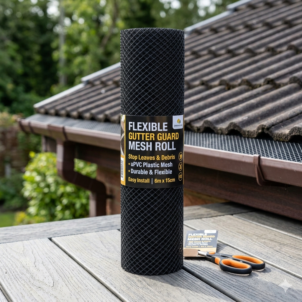 A roll of black uPVC plastic gutter guard mesh standing on a wooden table, with a product label and a house roof with a gutter in the background.