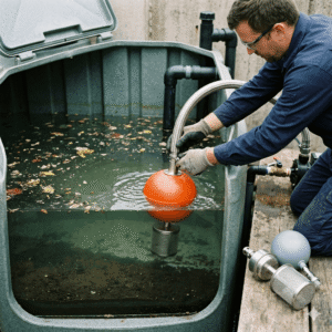 Installation of a floating inlet filter in a rainwater harvesting system, showing the float ball, stainless steel mesh intake, and pump hose. Floating Suction Inlet
