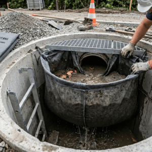 Workers installing a heavy-duty nonwoven geotextile silt bag inside a concrete underground drainage manhole, with a multi-type material sample display in the inset.Geotextile Silt Bag