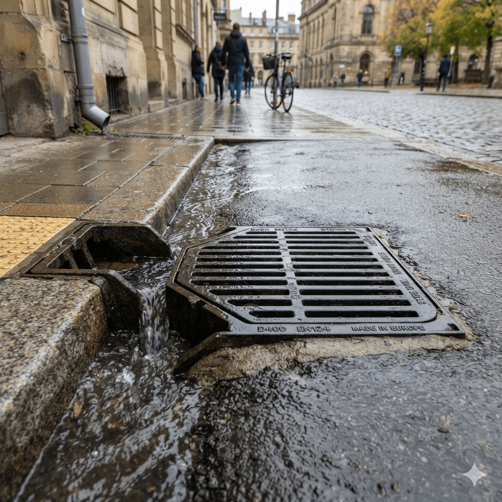 A product application photo of a 500x500mm clear opening ductile iron curb-inlet gully grate and frame on a European urban street. The heavy-duty grate features "D400 EN124" and "MADE IN EUROPE" markings. Rainwater is shown actively flowing into the curb-side opening and through the slotted grate into the drainage and filtration system during a wet day, with historical buildings and pedestrians blurred in the background. Gully Top