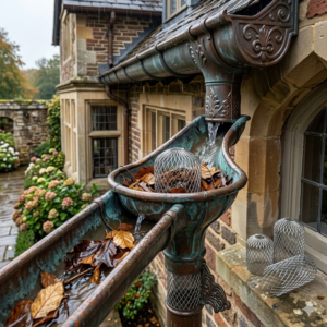 Stainless steel gutter downspout strainer basket preventing leaves and debris from clogging pipes.
