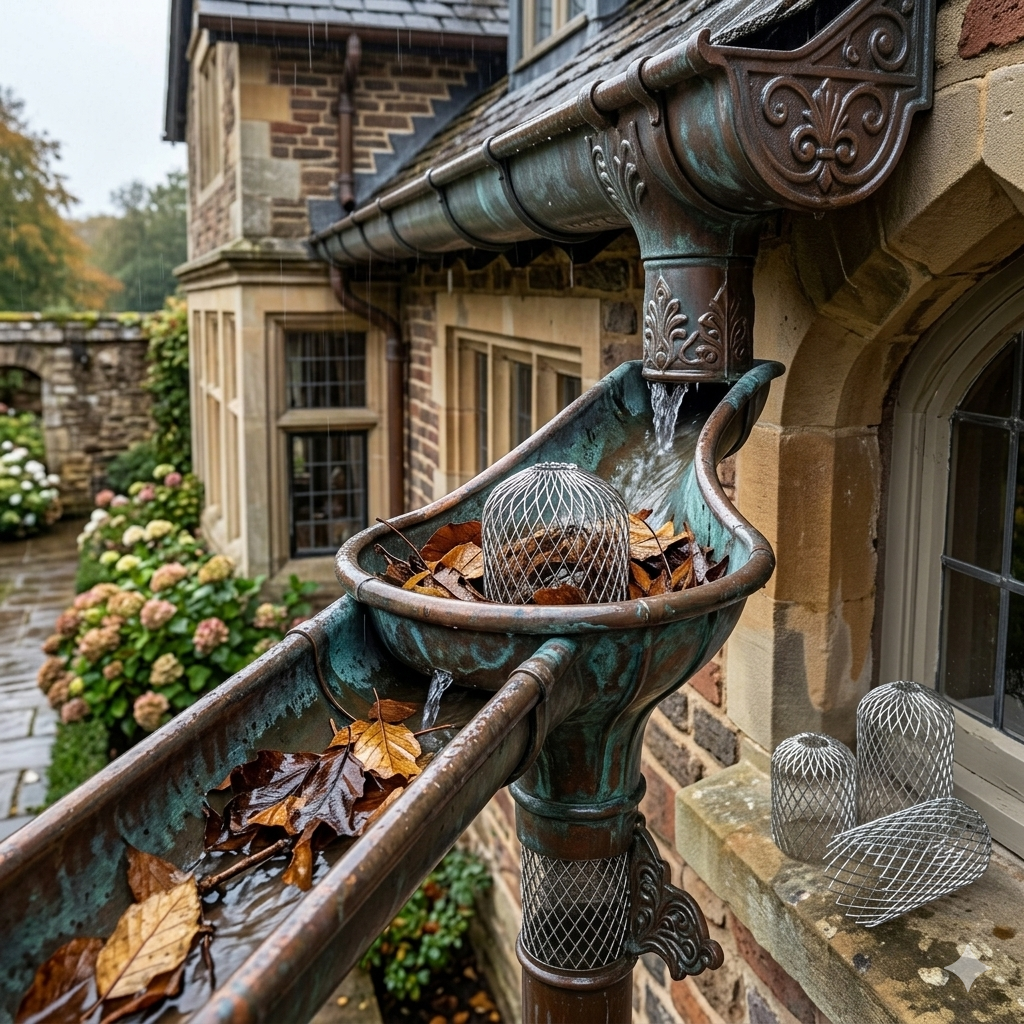 Stainless steel gutter downspout strainer basket preventing leaves and debris from clogging pipes.
