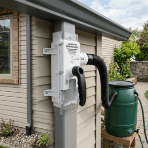 A high-resolution close-up image of a 2x3-inch plastic Gutter Flip-Flop Diverter Valve installed on a residential downspout for seasonal drainage. The diverter features a durable white plastic housing, a transparent window revealing the built-in filtration screen, and a prominent black flip handle with directional arrows for switching modes. A flexible black corrugated hose connects the diverter to a green rain barrel situated on a wooden stand. This image illustrates an efficient, eco-friendly rainwater harvesting system compliant with Western standards.
