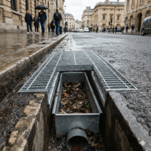 A heavy-duty road steel gratings integrated flush with the asphalt street surface for urban rainwater drainage and filtration in a European-style city.