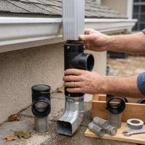 A photograph capturing the installation of a rain harvesting filter beneath residential eaves. Hands are connecting a black T-shaped downspout filter with a stainless steel mesh to an aluminum downspout and elbow. Other filter units, spare mesh rolls, a wrench, and sealing tape are neatly arranged on the ground and a wooden plank, ready for installation. A beige house wall and dark roof tiles are visible in the background. Inline Downspout Filter