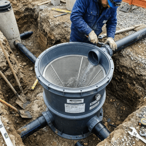 A close-up, high-angle view of a plastic inline vortex rainwater filter being installed in an underground pipeline system. A worker in blue overalls is connecting black plastic pipes to the filter housing. Inside the open circular housing, a fine, cone-shaped stainless steel mesh filter is clearly visible with water flowing over it. The unit features a technical label reading "Vortex Rainwater Filter" and is situated in an excavated earthen pit surrounded by construction tools. Inline Pipe Filter