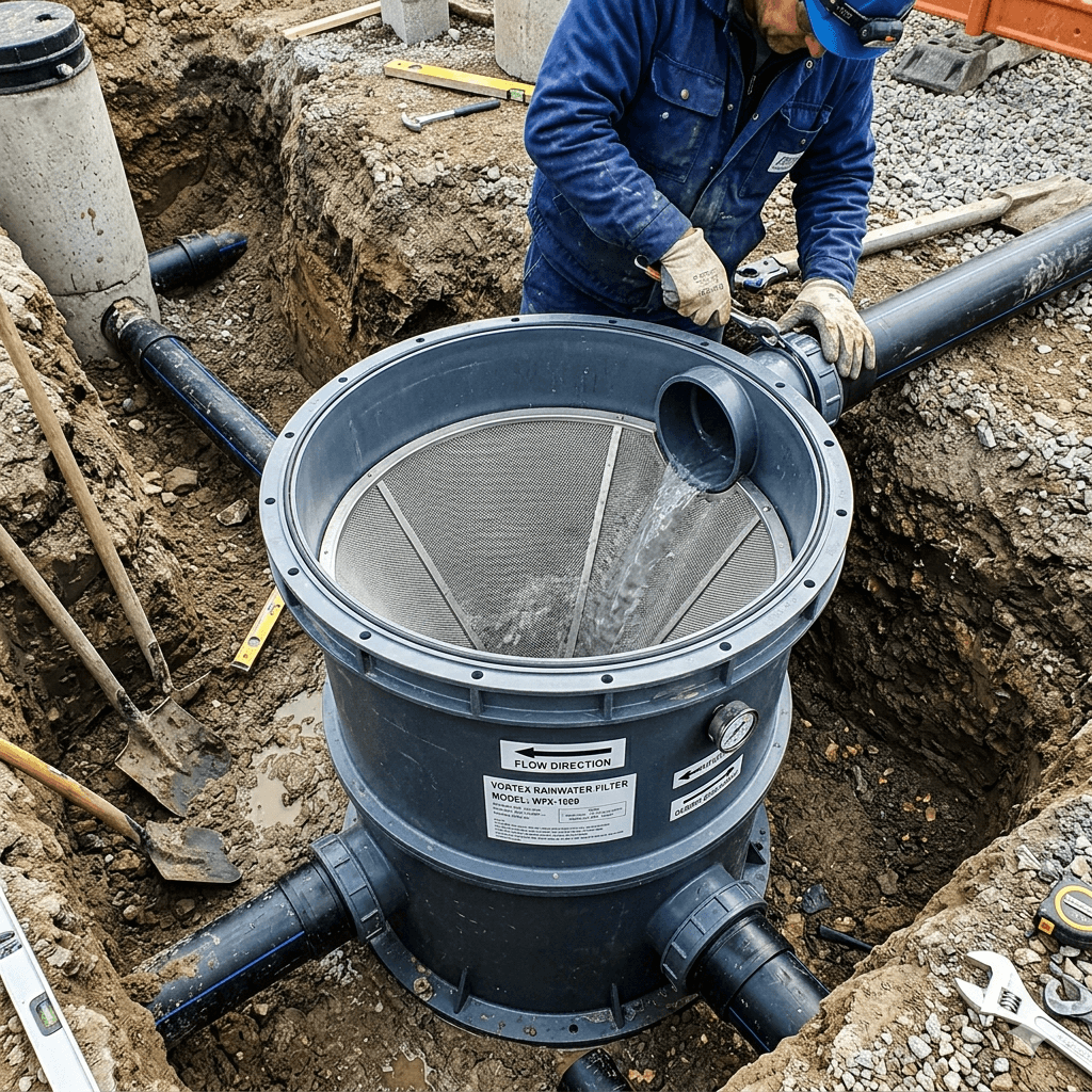A close-up, high-angle view of a plastic inline vortex rainwater filter being installed in an underground pipeline system. A worker in blue overalls is connecting black plastic pipes to the filter housing. Inside the open circular housing, a fine, cone-shaped stainless steel mesh filter is clearly visible with water flowing over it. The unit features a technical label reading "Vortex Rainwater Filter" and is situated in an excavated earthen pit surrounded by construction tools. Inline Pipe Filter