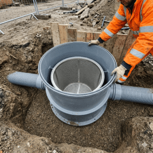 A construction worker installing a plastic vortex rainwater filter (inline sediment trap) in an underground pit. The close-up top-down view clearly shows the precision mesh stainless steel filter element inside the housing, with gray corrugated underground drainage pipes connected on both sides.