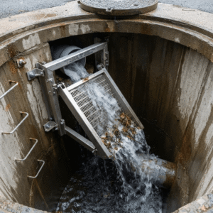 A product application photo of an internal drop chamber screens used in a European and American stormwater harvesting filtration system. An angled stainless steel impact-resistant screen is mounted inside a circular concrete manhole at the upper inlet pipe. Rushing stormwater flows over the gritted screen, leaving trapped debris like leaves and twigs on the surface, while filtered water passes through and drops into the lower drainage outlet.