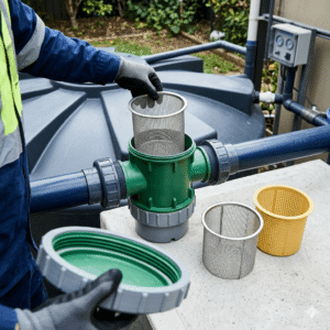 Worker installing a manual basket strainer for a rainwater harvesting filtration system, showcasing stainless steel mesh and injection-molded plastic filter inserts.