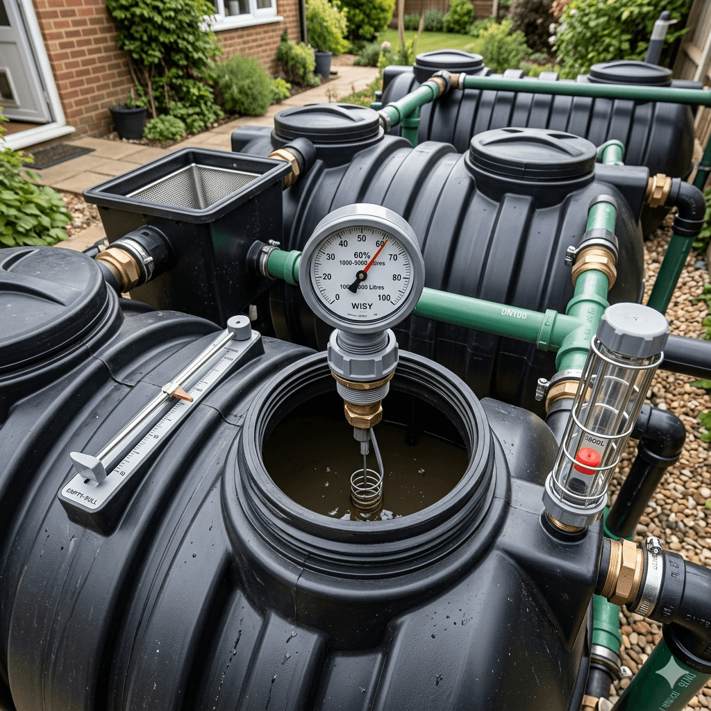Residential rainwater harvesting system with a mechanical level gauge installed on a black storage tank. Tank Level Gauge