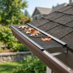 Stainless steel Micro-Mesh Gutter Guards installed on a residential roof gutter with dry autumn leaves on top.