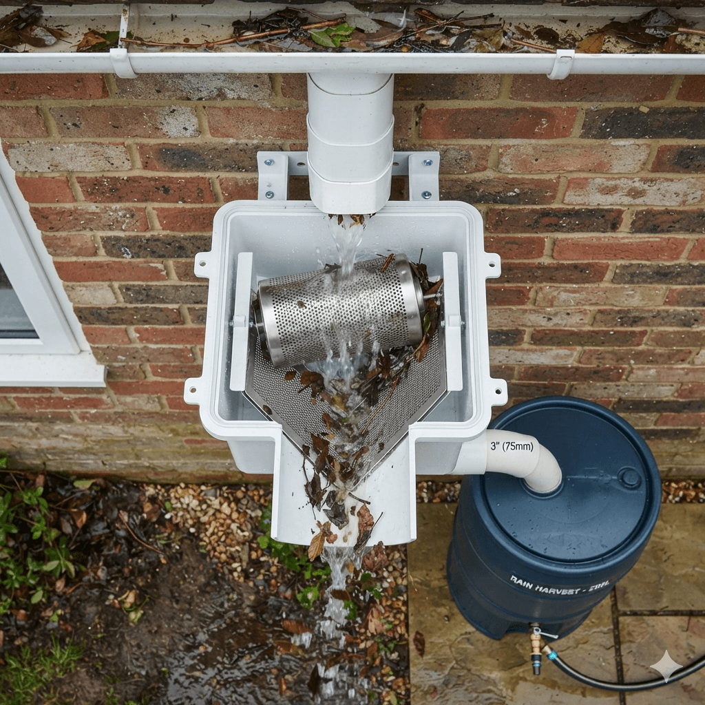 Top-down view of a self-cleaning rainwater downspout filter installed on a brick wall. The durable white plastic housing features an internal stainless steel mesh filter cylinder. Rainwater flows through the device, automatically flushing away leaves and debris through the bottom outlet, while clean water is diverted into a blue rain barrel for harvesting. Mesh Screen Downspout Filter