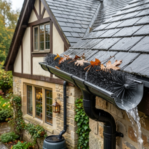 Black PVC and nylon gutter guards brushes installed in a residential rain gutter of a European-style house, blocking autumn leaves while filtering and collecting clear rainwater.