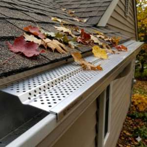 Close-up of a perforated aluminum gutter guard installed on a residential roof gutter with autumn leaves on top.