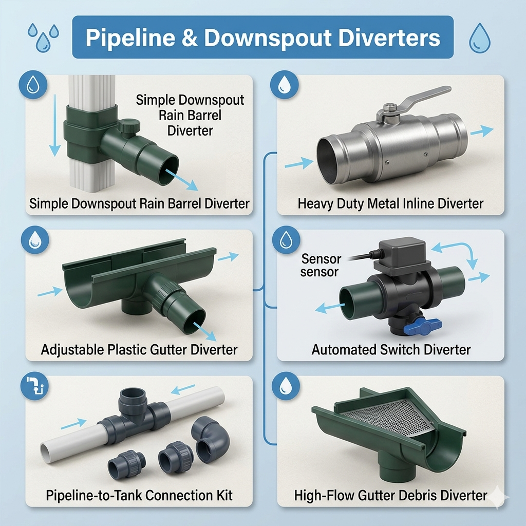 Universal flexible downspout diverter kit with corrugated hose for rain barrels