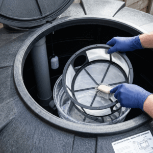 A user manually cleaning a Plastic Screening Filter Bucket portable mesh filter basket inside a residential rainwater collection storage tank.