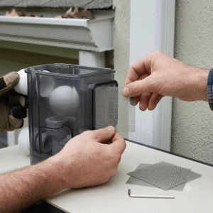 A photograph shows hands installing a metal mesh screen into a grey outdoor rain harvesting box, with more spare screens on a table.Two people's gloved and bare hands are installing a square of 304-grade woven stainless steel wire mesh into a black frame on the side of a grey, semi-transparent first-flush water diverter unit. The unit has internal components and is near white PVC pipe downspouts. Pre-cut Filter Mesh Sheet