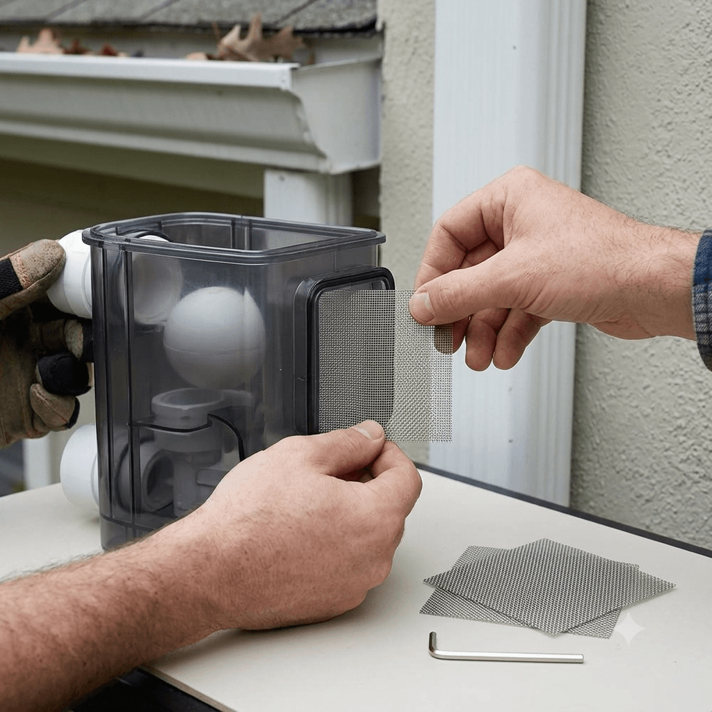 A photograph shows hands installing a metal mesh screen into a grey outdoor rain harvesting box, with more spare screens on a table.Two people's gloved and bare hands are installing a square of 304-grade woven stainless steel wire mesh into a black frame on the side of a grey, semi-transparent first-flush water diverter unit. The unit has internal components and is near white PVC pipe downspouts. Pre-cut Filter Mesh Sheet
