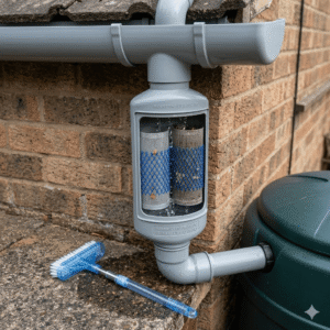 A real-world application photo of a residential rainwater harvesting and filtration system on a brick wall. Inside a grey plastic downspout filter housing with a transparent inspection window, two cylindrical stainless steel mesh filters with blue protective plastic netting are installed vertically. The housing connects to a green water storage butt below, and a blue-handled cleaning brush rests on the ground. Rainwater Downspout Filter Cartridge