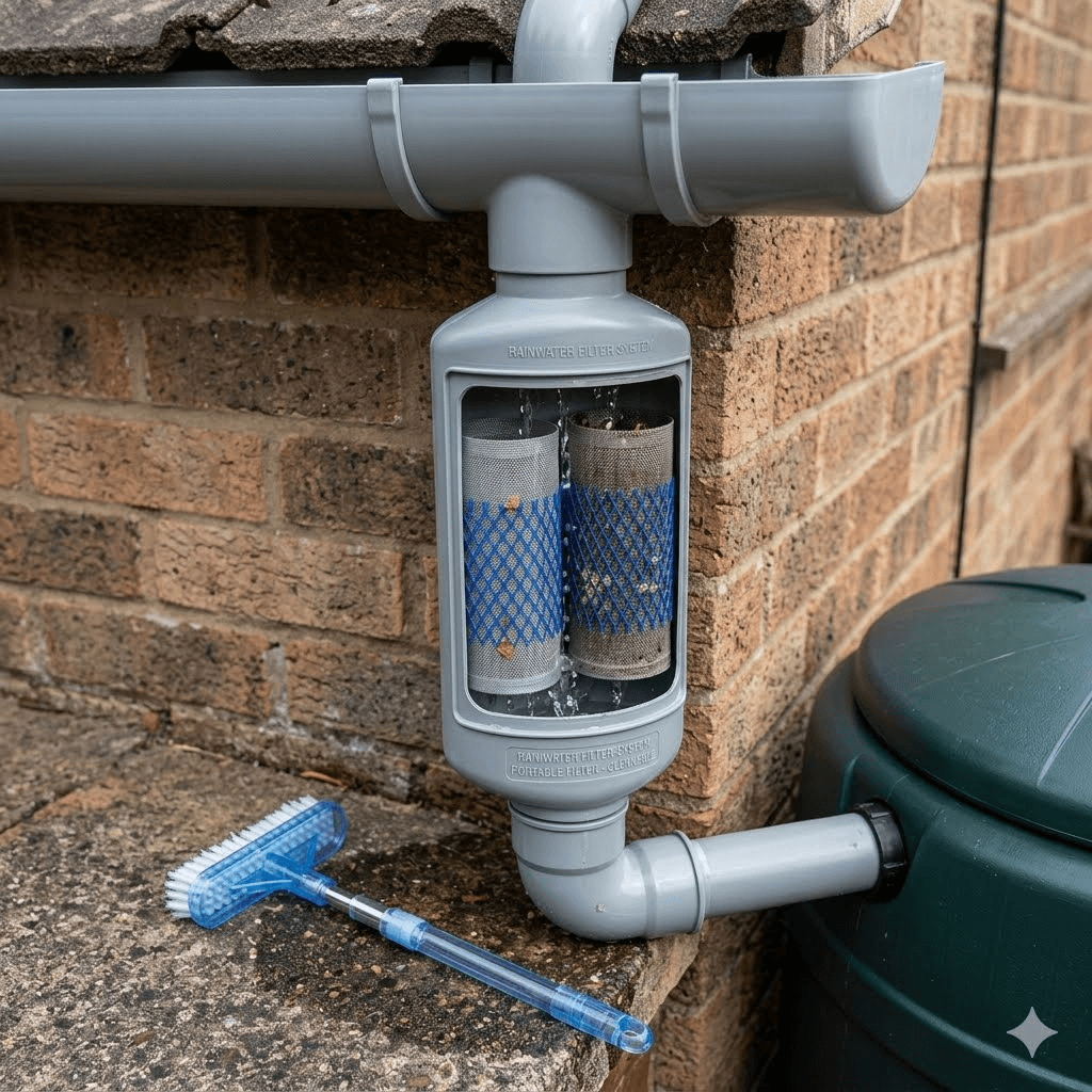 A real-world application photo of a residential rainwater harvesting and filtration system on a brick wall. Inside a grey plastic downspout filter housing with a transparent inspection window, two cylindrical stainless steel mesh filters with blue protective plastic netting are installed vertically. The housing connects to a green water storage butt below, and a blue-handled cleaning brush rests on the ground. Rainwater Downspout Filter Cartridge