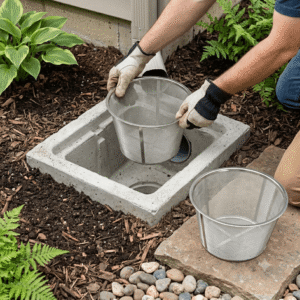 A close-up photograph of a person wearing heavy-duty work gloves installing a cone-shaped stainless steel mesh filter basket into a concrete rainwater collection pit next to a house downspout, with a second identical filter basket resting on a flat stone in the foreground. Rainwater Filter Basket