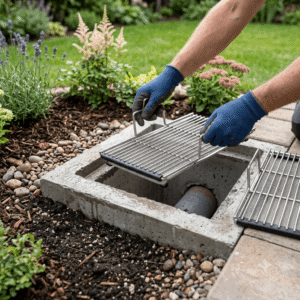 A close-up photograph of a person wearing blue gloves installing a stainless steel filter grate with handles and a fine mesh into a concrete rainwater collection pit set into a garden bed with mulch and stones, while a second, identical grate lies on the brick pavers to the right. Rainwater Filter Slider Mesh