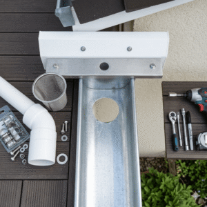 Top-down close-up view of a metal rainwater filter support bracket installed in a residential rainwater collection system, surrounded by pipes and installation tools.
