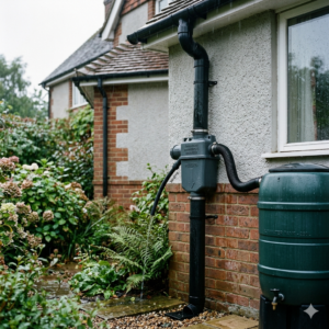 Product presentation of a rainwater collection system filter operating on a rainy day. The grey downspout water diverter is installed on a black PVC pipe against a brick wall. It features a waste outlet discharging initial debris and a black corrugated hose redirecting clean filtered rainwater into a green plastic rain butt/barrel in a garden setting.