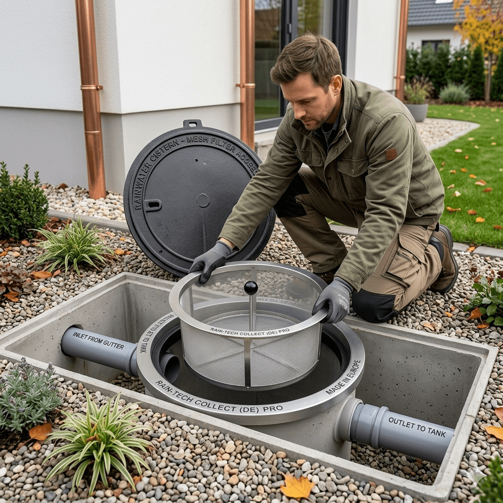 Squatting beside an open concrete chamber, he wears protective gloves while lowering a circular metal mesh filter basket with a central black handle knob into place. The chamber features gray inlet and outlet PVC pipes. An open black cast-iron cistern cover rests nearby against a backdrop of a modern white house with copper downspouts and a manicured lawn. Rainwater Tank Filter Basket