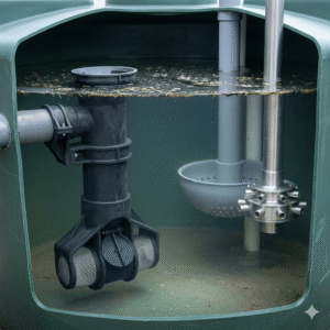 A close-up photograph showing the internal components of a Western-standard rainwater harvesting tank. On the left, a black HDPE overflow siphon is installed, with its top skimming the water surface to drain floating debris and oil, and its bottom integrated with a combination of a rodent guard mesh and a check valve. On the right, two calmed inlets are displayed side-by-side, showcasing the craftsmanship of common materials in grey PVC and polished stainless steel. The water level inside the green tank is visible, and the image contains no text. Rainwater Tank Overflow Siphon