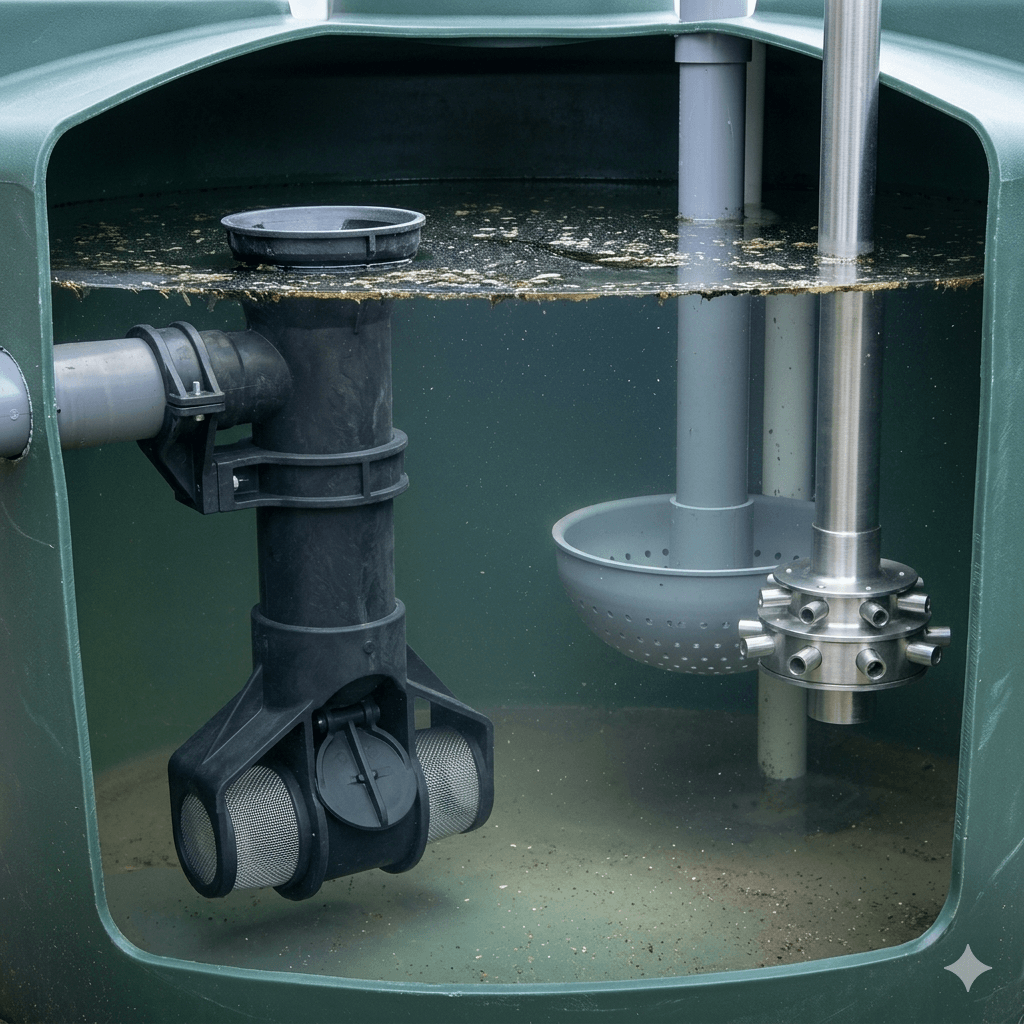 A close-up photograph showing the internal components of a Western-standard rainwater harvesting tank. On the left, a black HDPE overflow siphon is installed, with its top skimming the water surface to drain floating debris and oil, and its bottom integrated with a combination of a rodent guard mesh and a check valve. On the right, two calmed inlets are displayed side-by-side, showcasing the craftsmanship of common materials in grey PVC and polished stainless steel. The water level inside the green tank is visible, and the image contains no text. Rainwater Tank Overflow Siphon